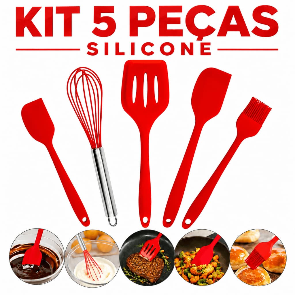 Kit Utensílios Silicone 5 Peças Cozinha Antiaderente Resistente ao Calor Cor Sortida Vermelho Preto