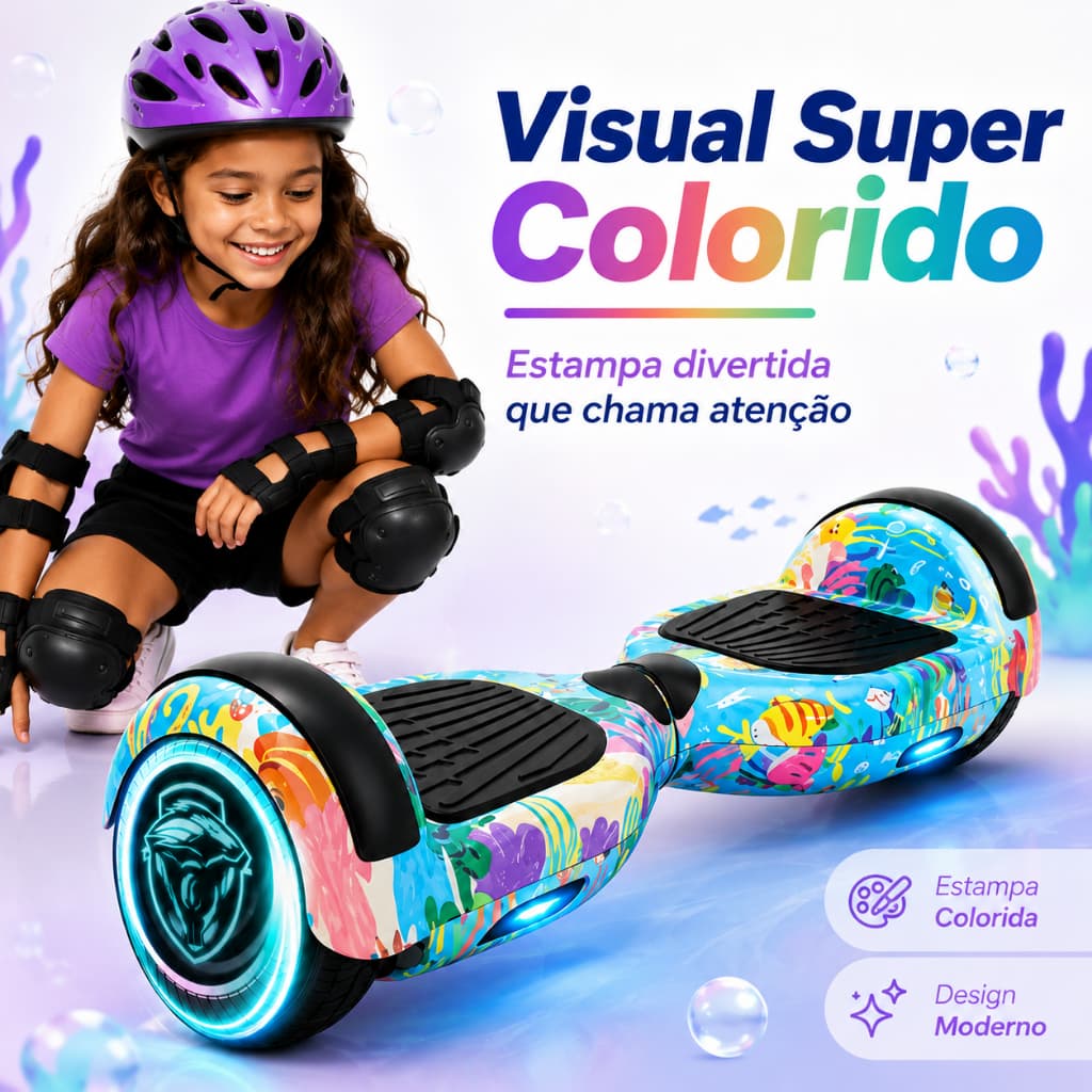 Skate Elétrico Infantil 6.5 Polegadas Bateria Grande Capacidade Bluetooth Luz LED