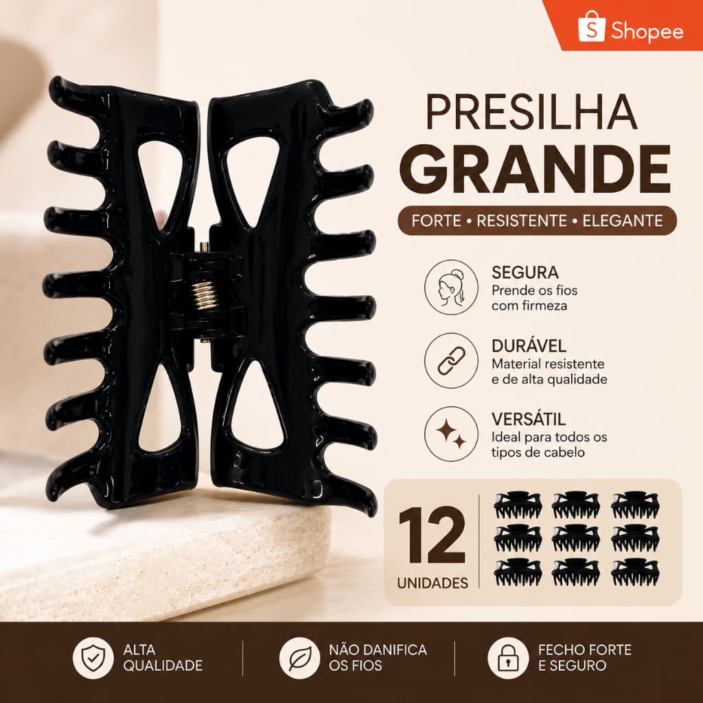 Kit 12 Presilhas Piranha Grande Para Cabelo Garra Prendedor Preto Forte Resistente Luxo