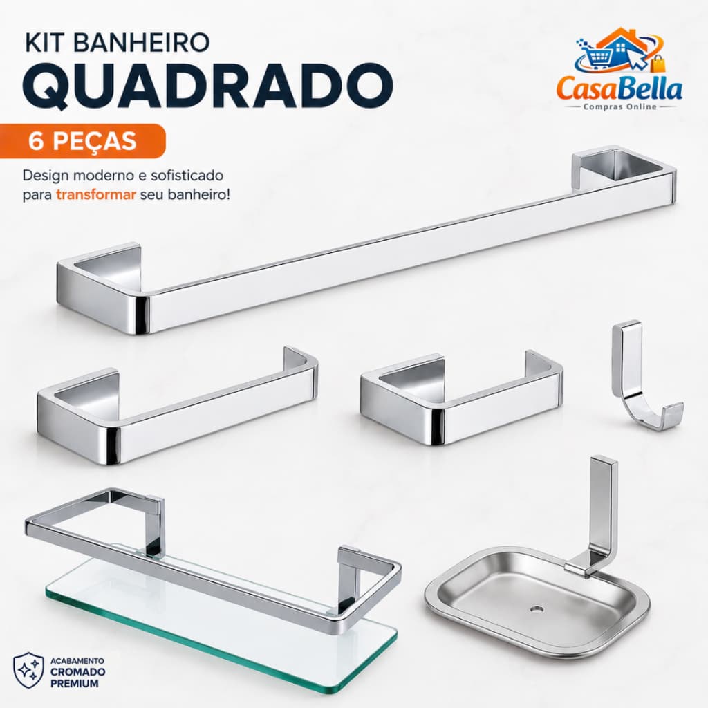 Kit Banheiro Premium Alumínio Quadrado com Porta Shampoo de Parede