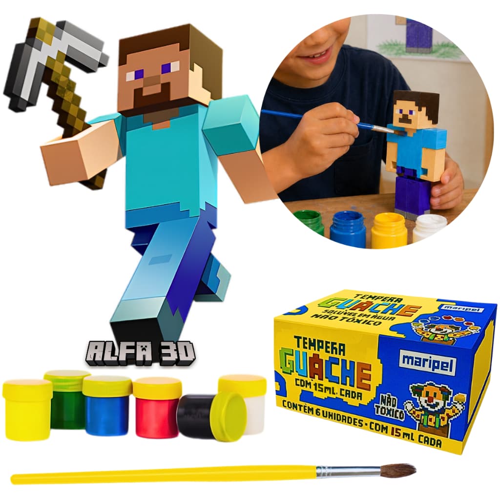 Boneco Steve Mine Para Colorir Pintar Com 6 Tintas Para Criancas Brinquedo de Pintura Infantil Educativa