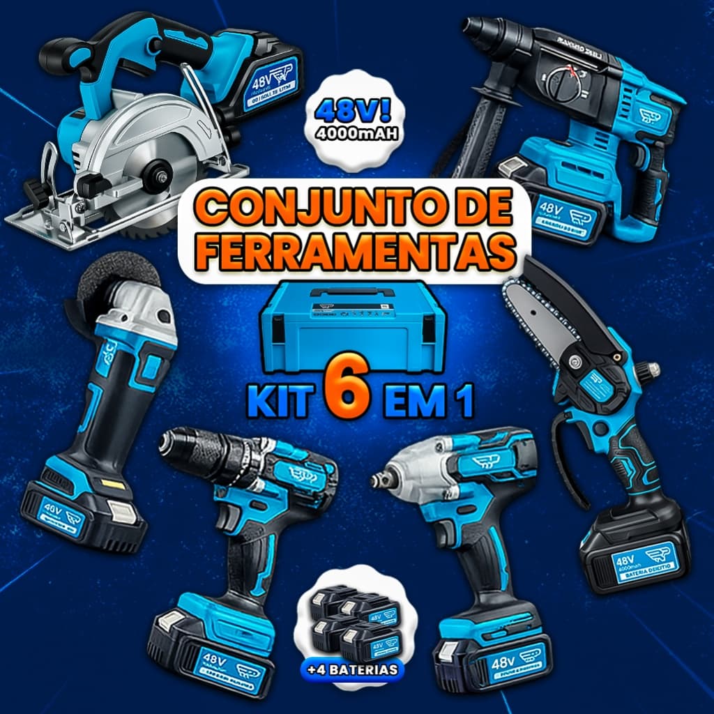 Kit 6 Ferramentas com Furadeira Parafusadeira Martelete Chave de Impacto Esmerilhadeira Serra 48v
