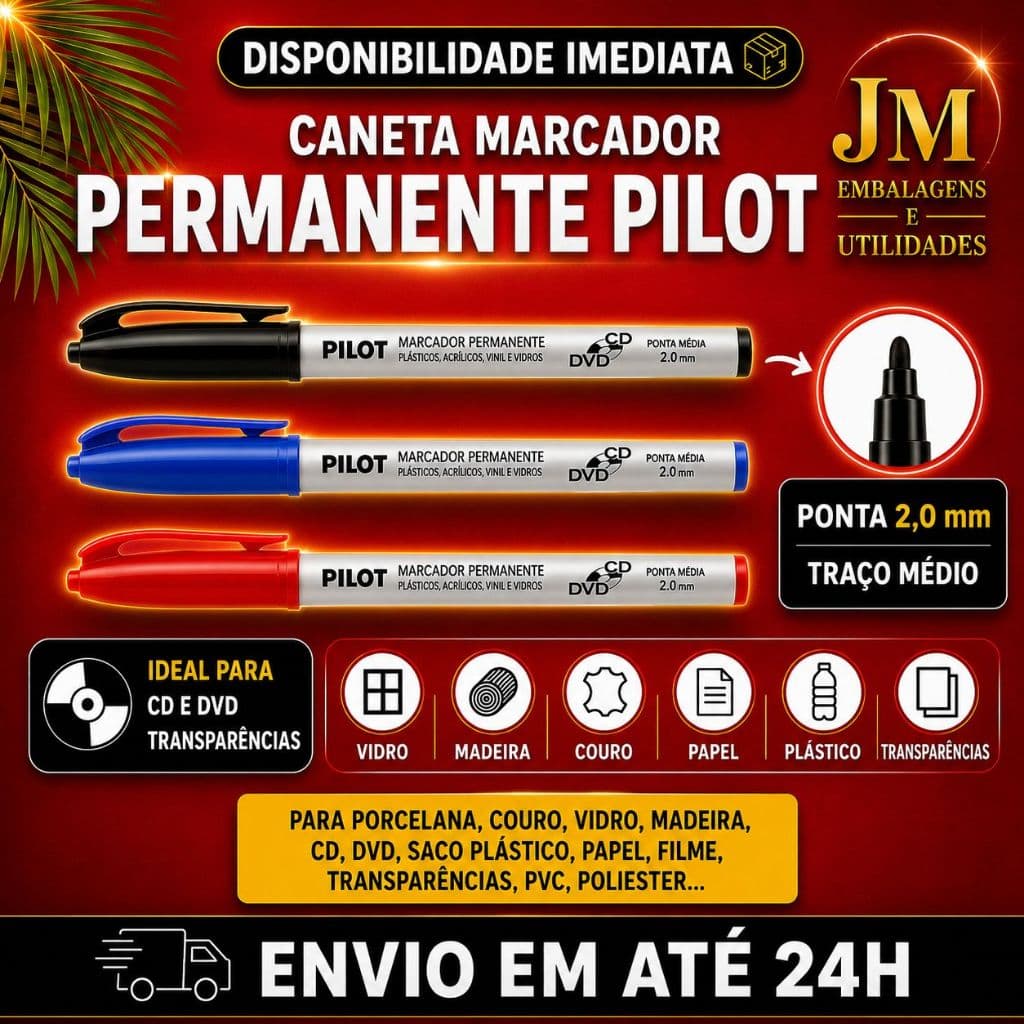 Caneta Marcador Permanente PILOT a Prova D’agua,plasticos, CD, DVD,acrilicos, embalagem geladinho.
