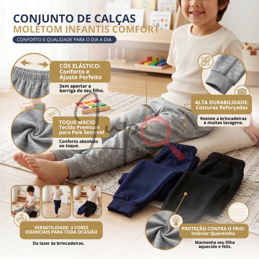 Calças Moletom 3 Kit Peluciada Com Punho Unissex Confortavel Inverno Frio Menino Menina Infantil