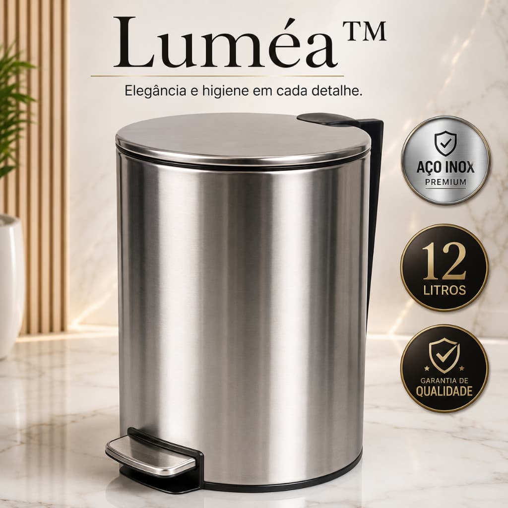 Lixeira Inox 12 Litros com Pedal Slim Redonda Tampa Fechamento Seguro para Cozinha Banheiro Escritório Luméa™