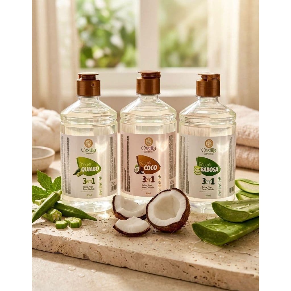 Kit Babas Castilla 3 em 1 - Quiabo, Coco e Babosa 520ml Cabelo e Pele Saudáveis