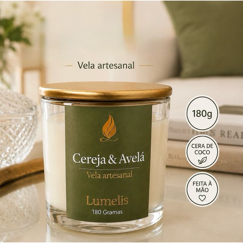Vela Aromática  Cereja & Avela 180g | Vela Artesanal Decorativa  Presente e Relaxamento | Lumelis