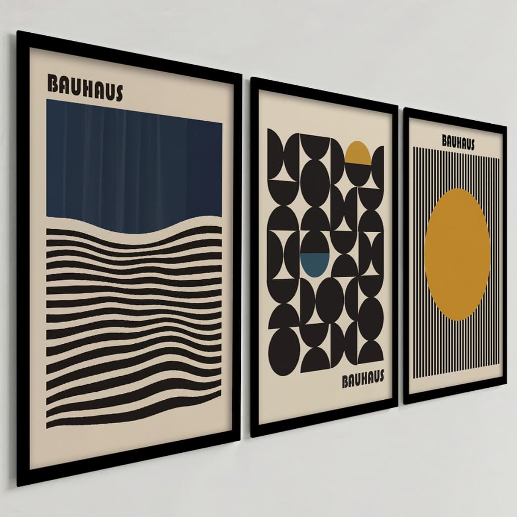 Kit 3 Quadros Decorativos Bauhaus Geométrico Moderno Minimalista Preto Azul e Mostarda
