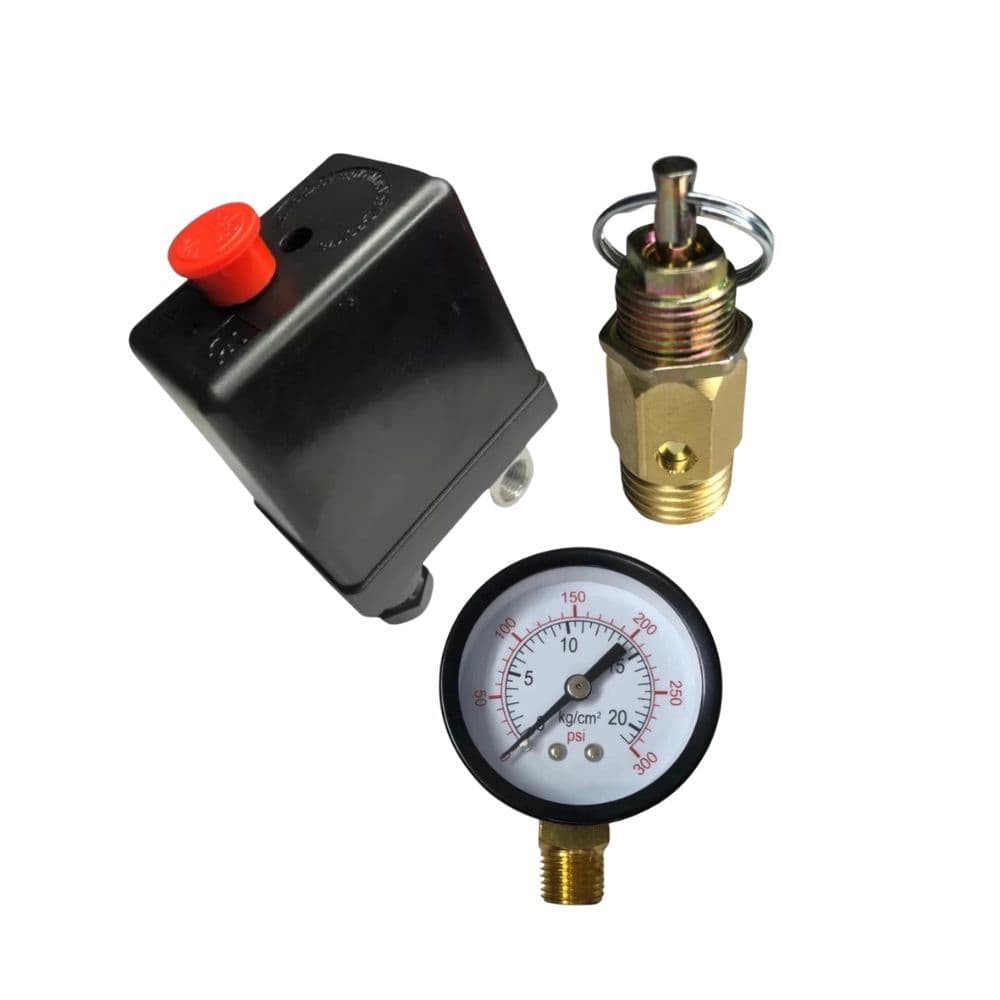 Kit Pressostato Automático 80-120PSI 1 Via + Válvula de Segurança 125PSI + Manômetro 300PSI