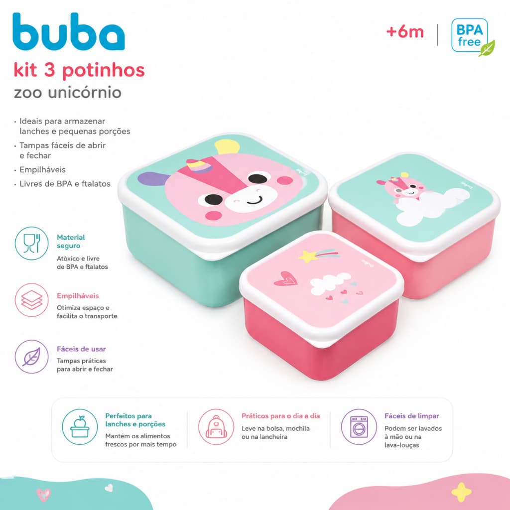 Kit com 3 Potinhos Buba Zoo Unicórnio – Praticidade e Encanto para os Lanchinhos
