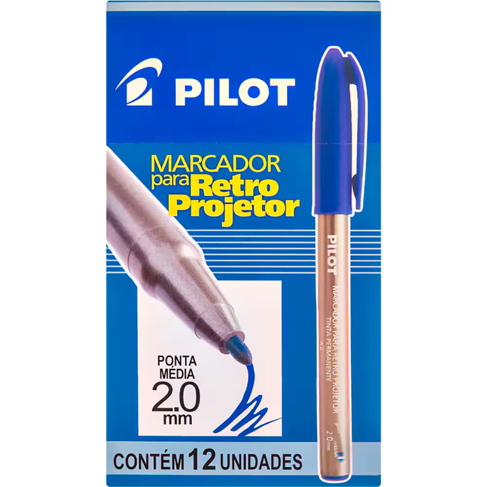 Caneta Retroprojetor Pilot Azul 2.0mm Caixa 12 Unidades Marcador Permanente Resistente