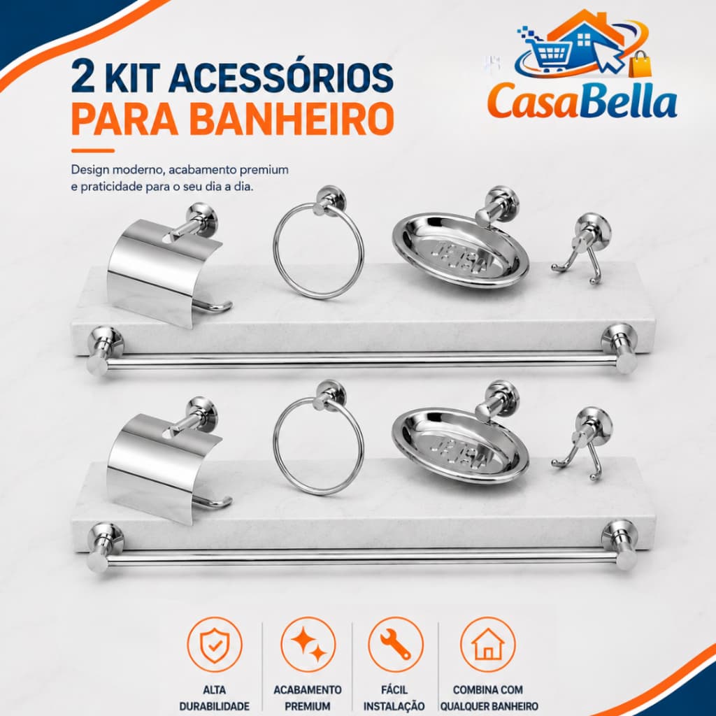 2 Kits Acessórios para Banheiro 5 Peças Aço Inox e Alumínio Cromado