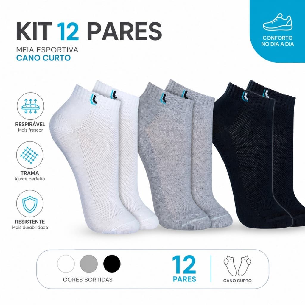 Kit 6 Meias Esportiva Cano Baixo Soquete 100% Algodão Premium