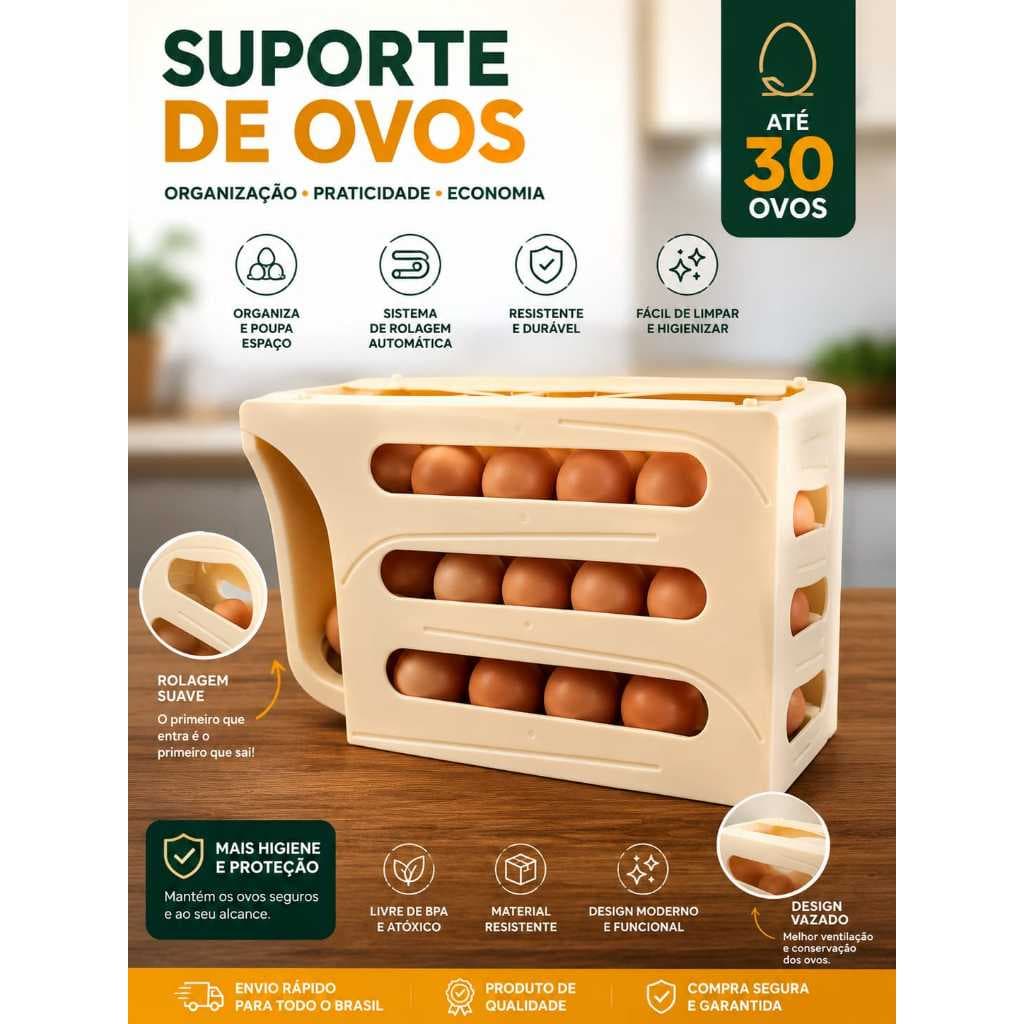 Suporte Organizador de Ovos para Geladeira 30 Ovos Dispenser Automático Rolagem Porta Ovos Empilhável