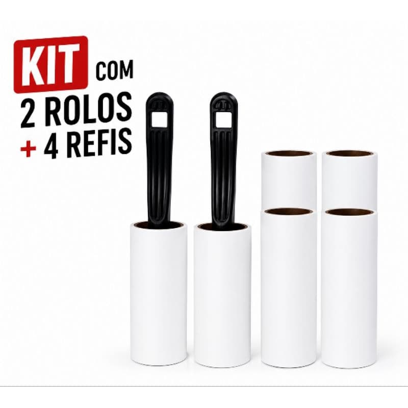 Kit 2 Rolos Adesivos + 4 Refis Tira pelos de Pets Fiapos Com 20 Folhas cada