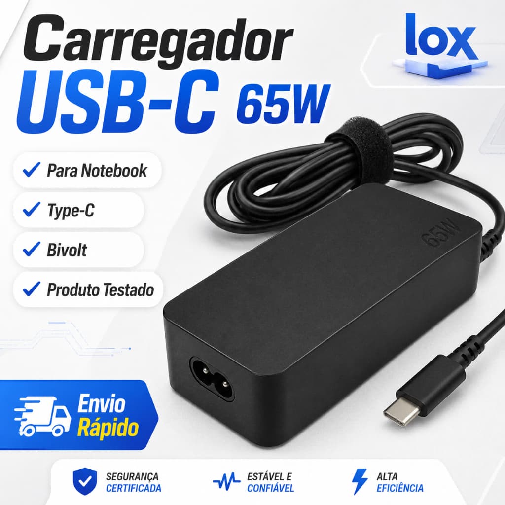 Carregador USB-C 65W Notebook Fonte Type-C Bivolt Compatível Dell Lenovo Celular Tablet