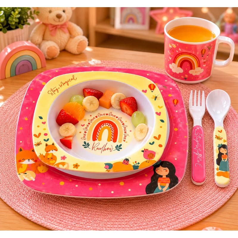 Kit Alimentação Infantil Menina 5 Peças Arco-Íris Prato Bowl Copo Talheres