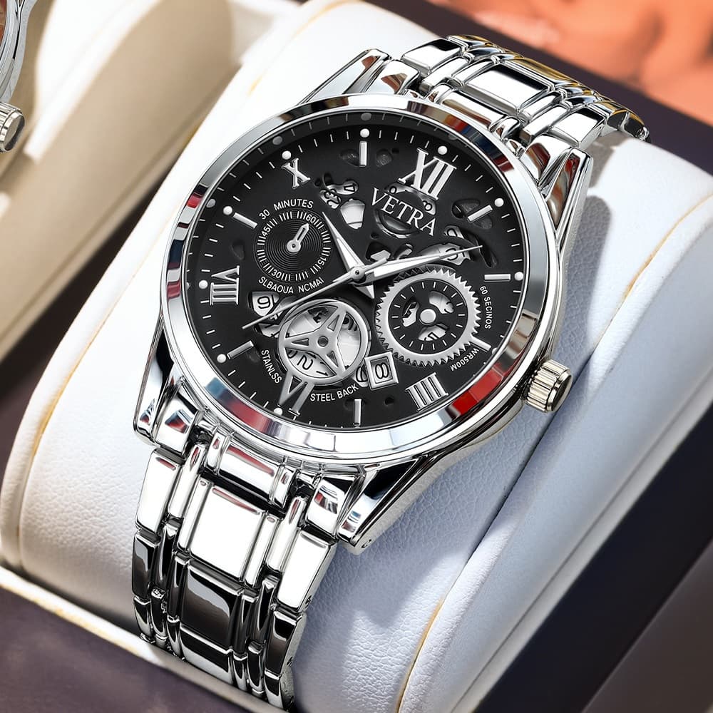 VETRA Relógio Masculino Original Relogio Luxo a Prova d Água Presente para Homem Aço Inoxidável Preto Prata 6201
