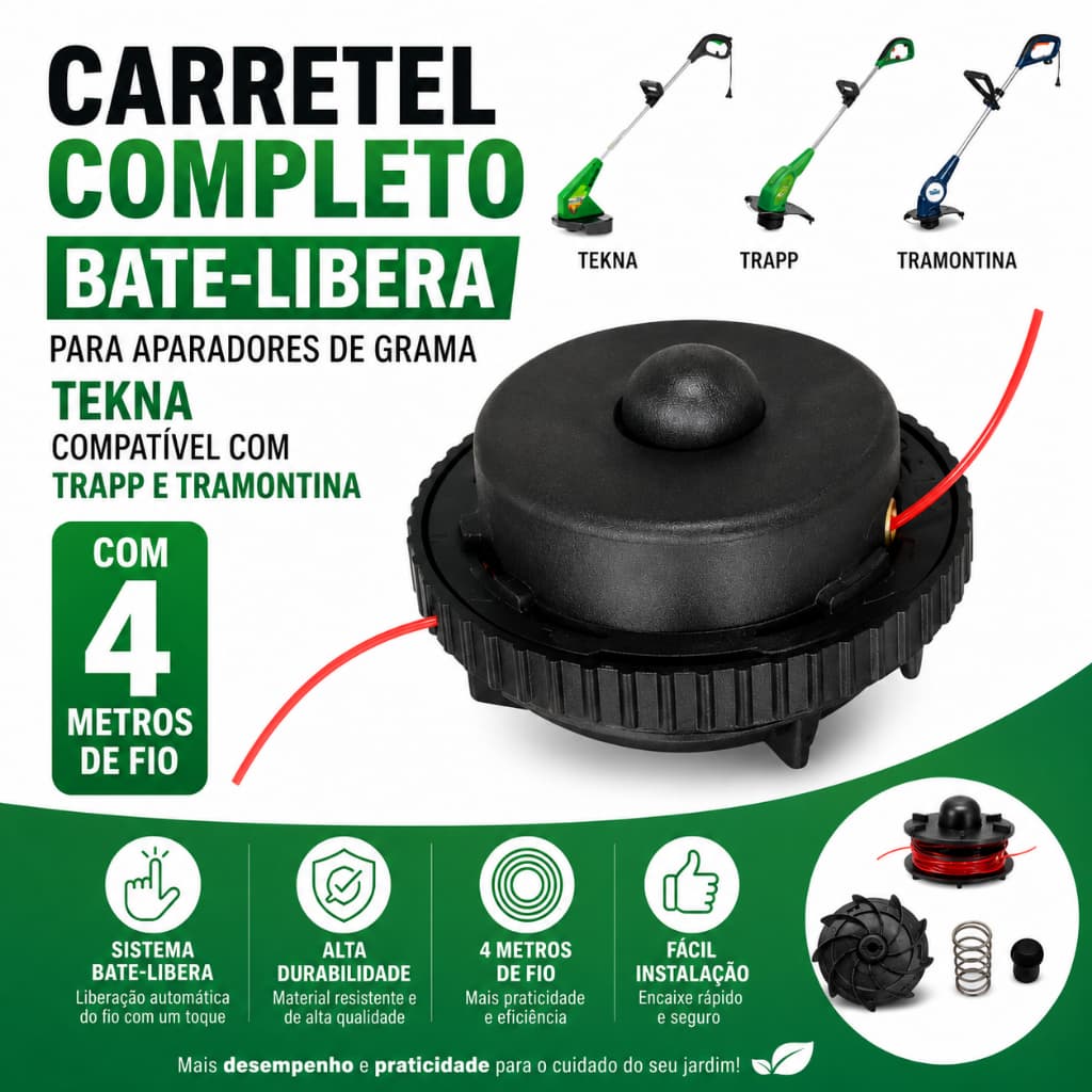 Carretel completo bate-libera para aparadores de grama multimarcas, com 4 metros de fio