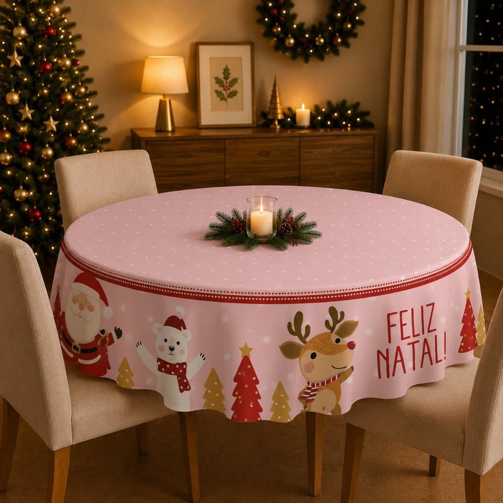 Toalha de Mesa Natalina Redonda 4 lugares Noel e Urso