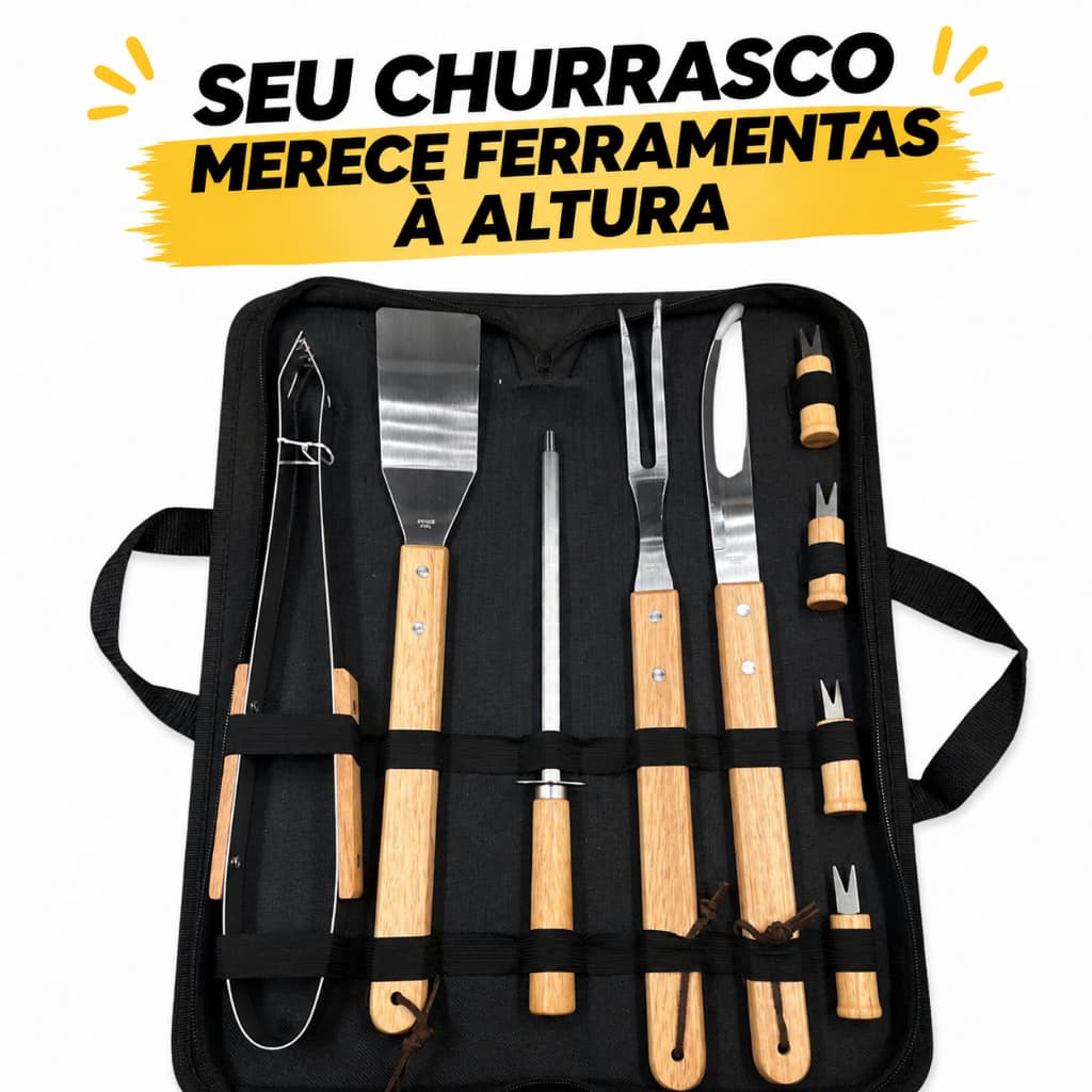 Kit Churrasco Inox e Madeira 9 Peças Premiun