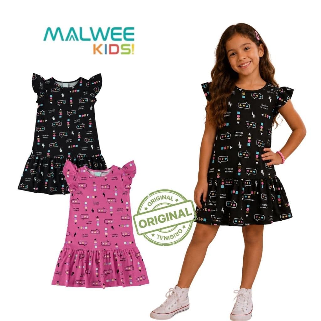 VESTIDO INFANTIL MENINA ESTAMPADO VERÃO EVASÊ ALGODÃO MALWEE KIDS