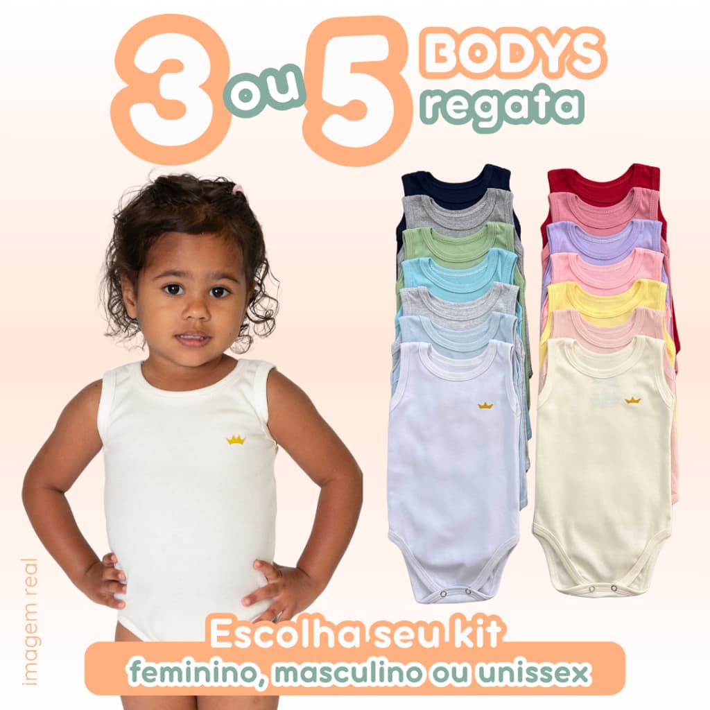 Kit 3 ou 5  Peças Body Bebê Regata 100% Algodão Liso Cores Verão Calor Feminino Masculino Unissex Zuraffa Baby