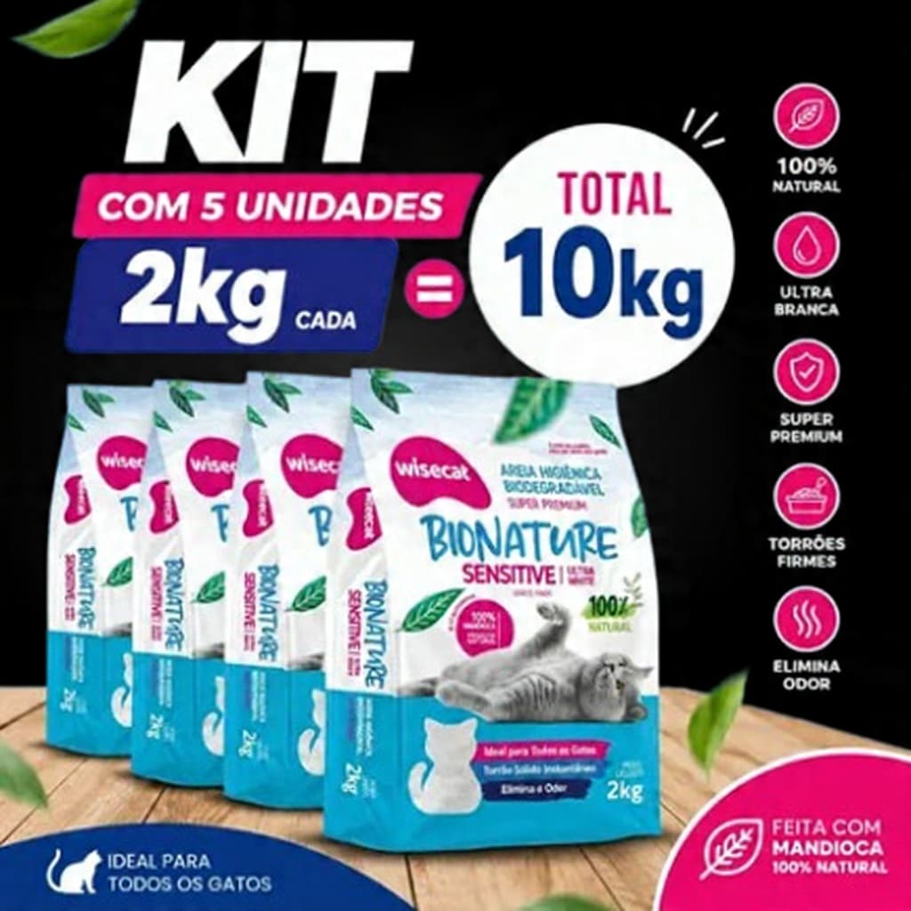 Kit Até 5 Areias Biodegradável para Gatos Bionature Sensitive Wisecat 2 KG Grãos Finos TOTAL 10KG