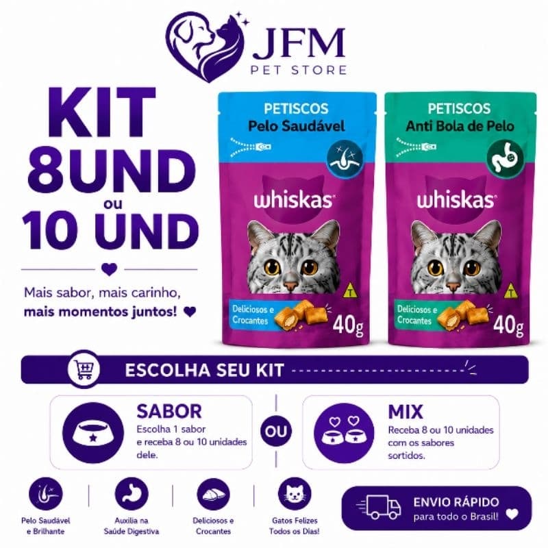WHISKAS TEMPTATIONS ANTI BOLA DE PELO OU PELO SAUDAVEL 40G Kit 08 ou 10 und