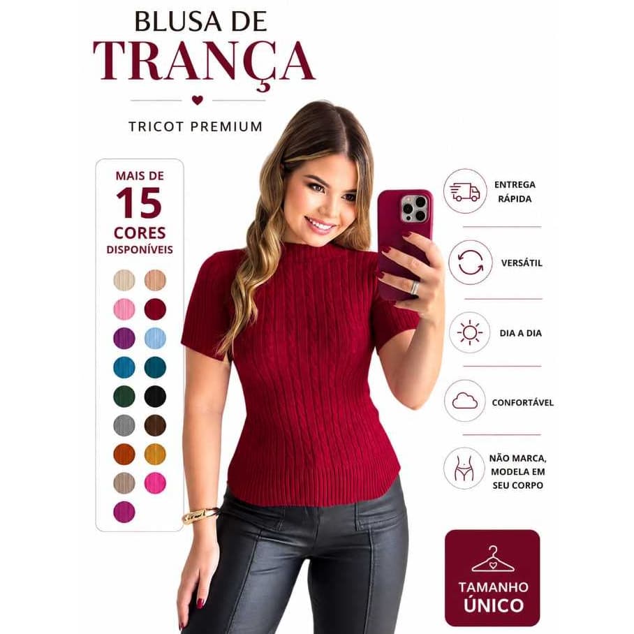 BLUSA TRANÇA TRICOT ELEGANTE PARA DIA DIA CONFORTAVEL FEMININA MODA VERAO