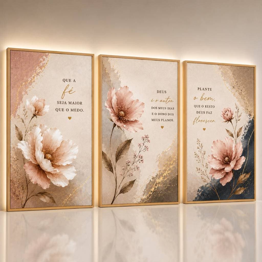 Quadros Decorativos Para Sala Fé Deus Flores Rosê Gold Frases Cristãs Luxo Quarto Decoração 3 Peças