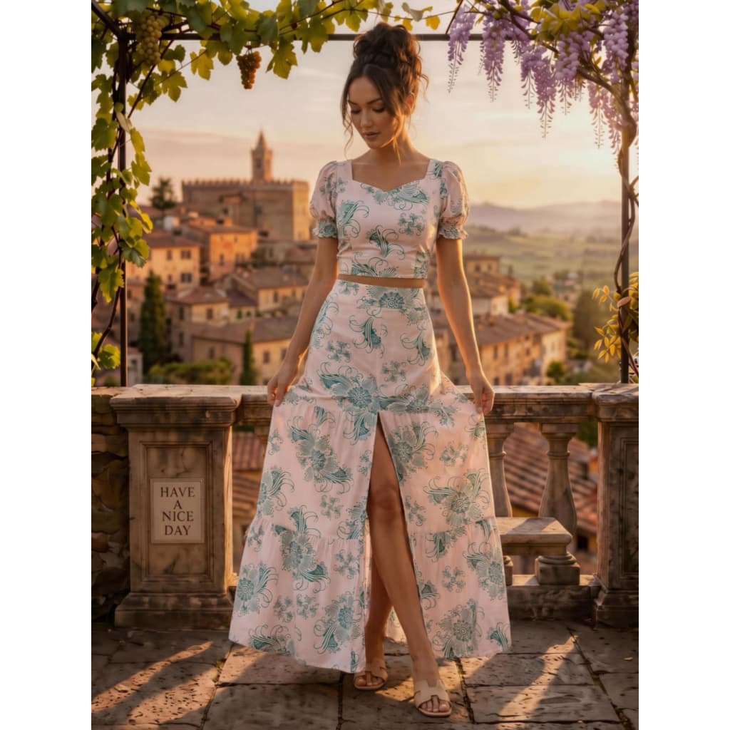 2 Peças Conjunto Camisa Manga Curta Estampa E Saia Longo Conjunto Elegante Para Férias E Uso Diário