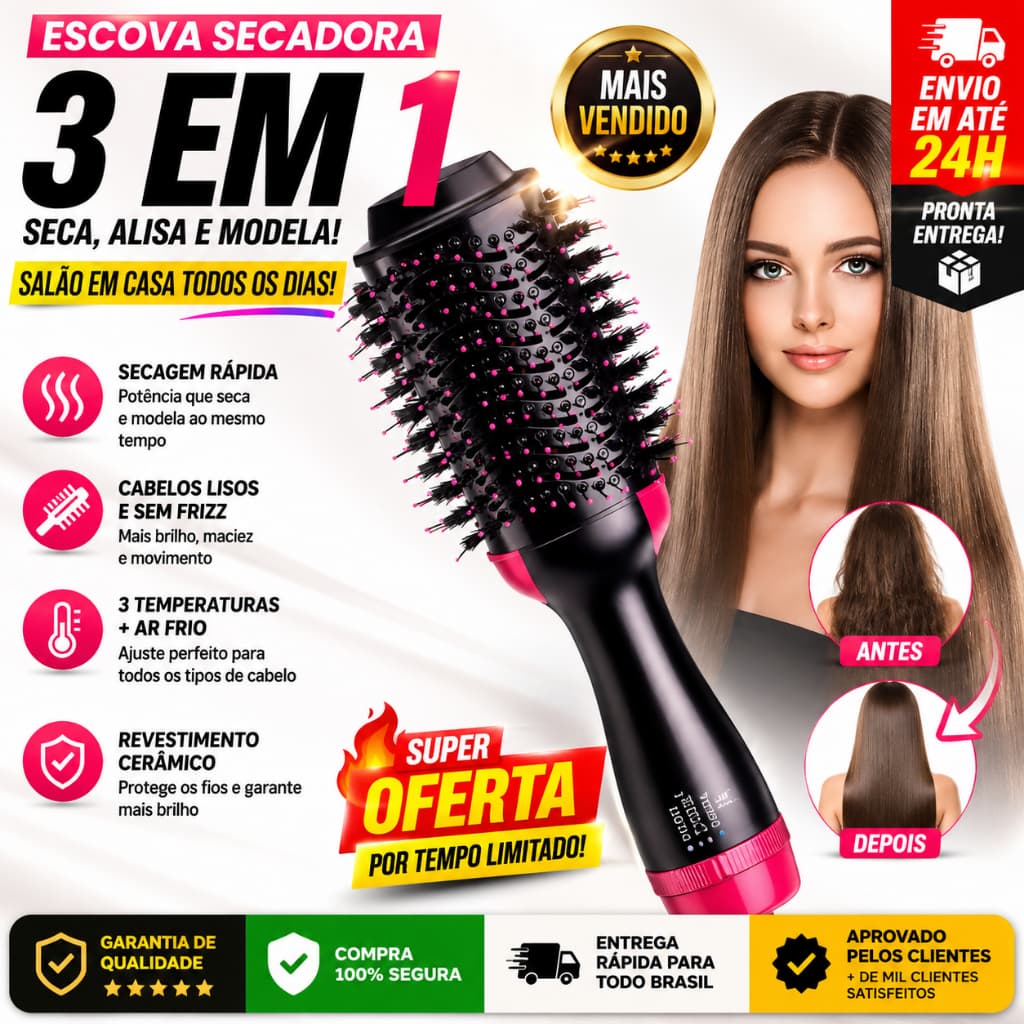 Escova Cabelo Secadora Alisadora 3 em 1 110V