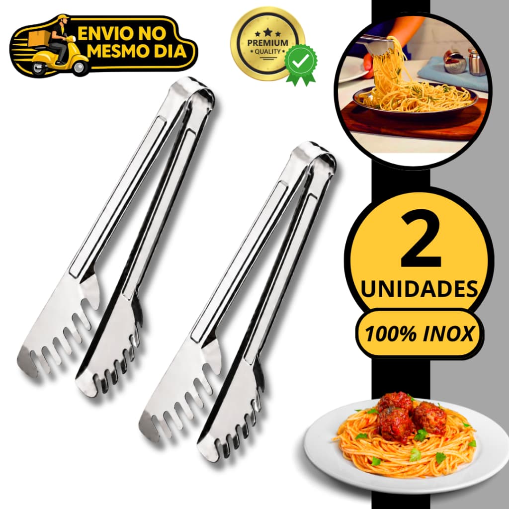 KIT 1 2 Pegador de Massas Alimentos 20cm 100% Aço Inox Pinça Multiuso para Massa Macarrão Salada Churrasco Cozinha