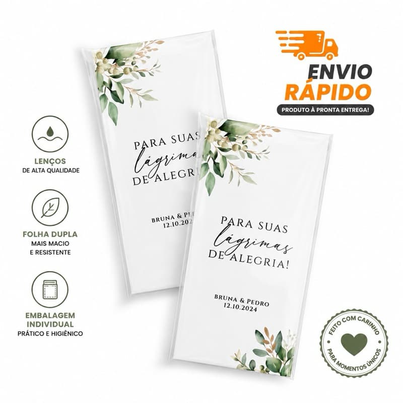 Lenço Lágrimas de Alegria Personalizado Casamento | Lembrancinha de Luxo para Noivos e Convidados