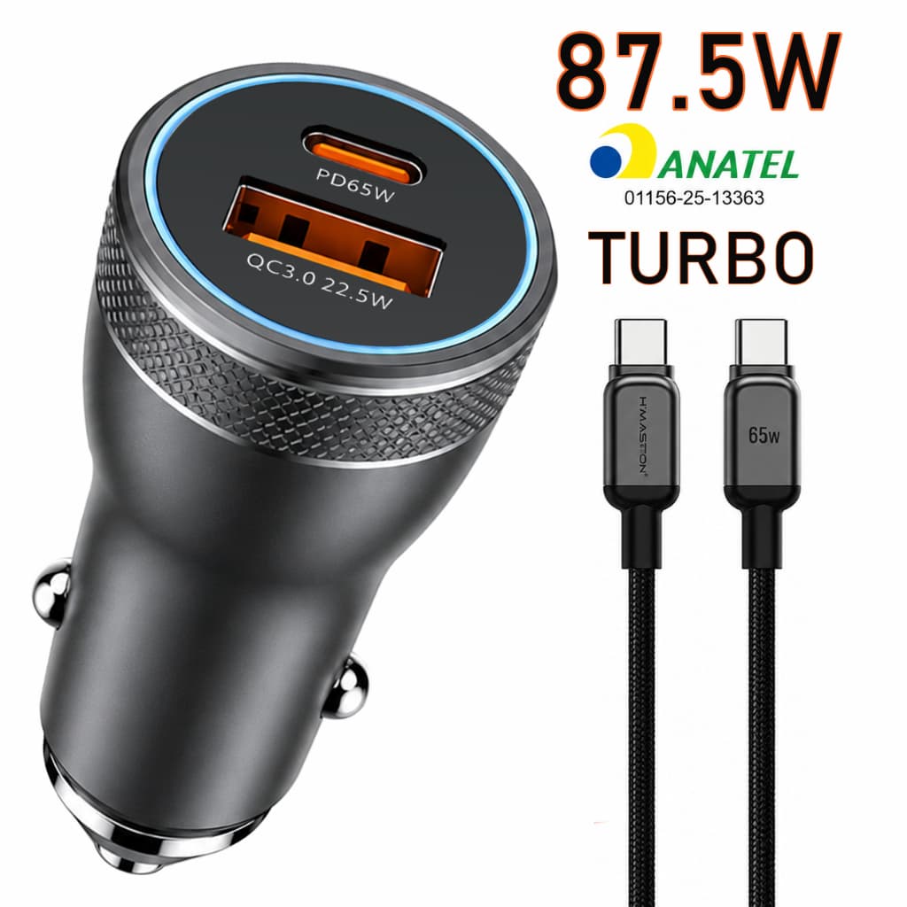 Carregador Veicular Turbo 87.5W 2 Ports USB-C USB-A Carregamento rápido com Cabo Metal