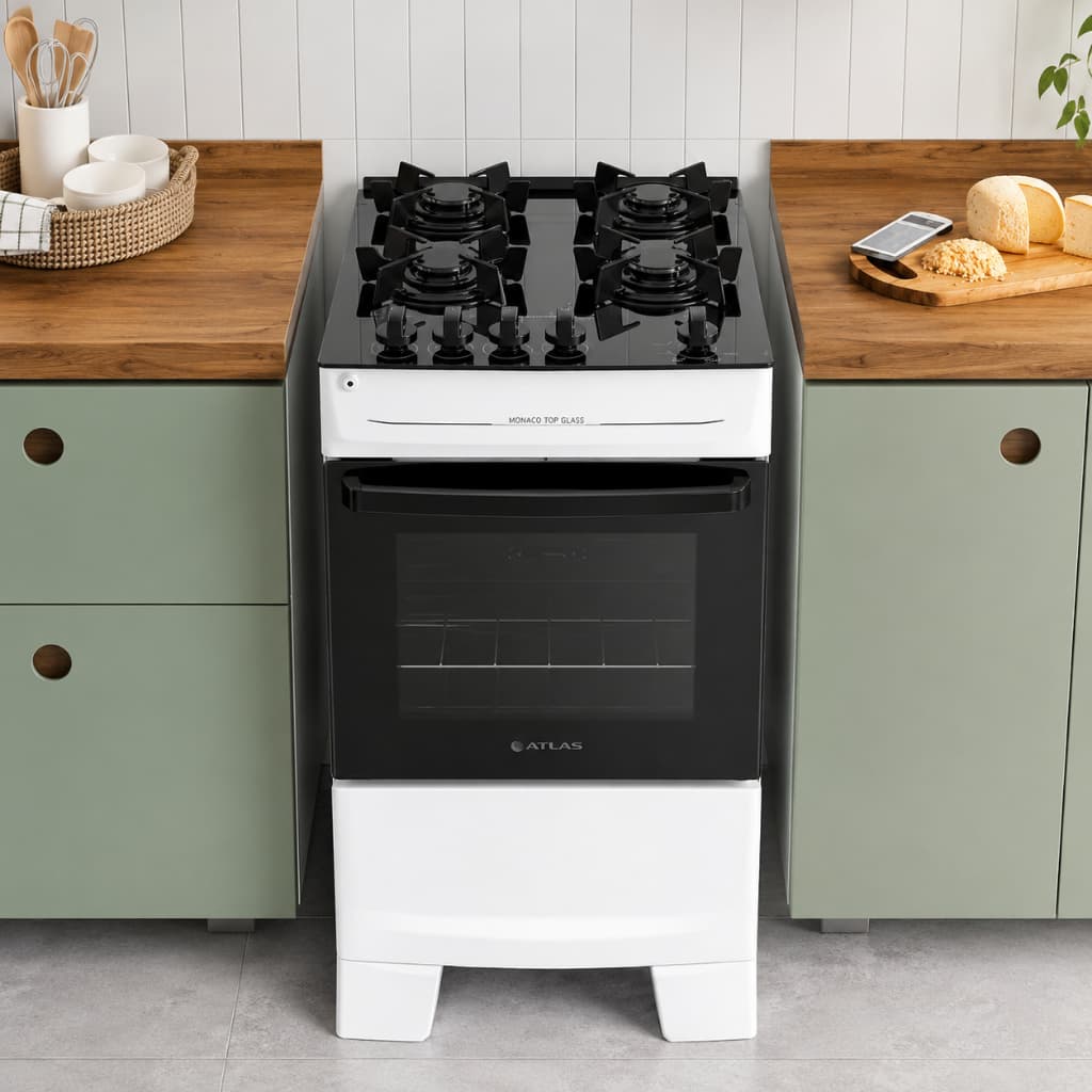 Fogão 4 Bocas Atlas Top Glass Branco Mesa de Vidro Mônaco Forno Grande