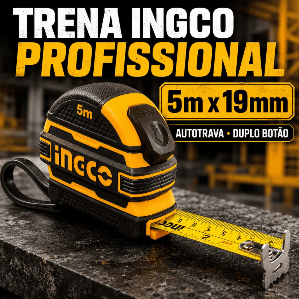 Trena Emborrachada INGCO 5m HSMT08519 Autotrava Botão Duplo Métrica e Polegada