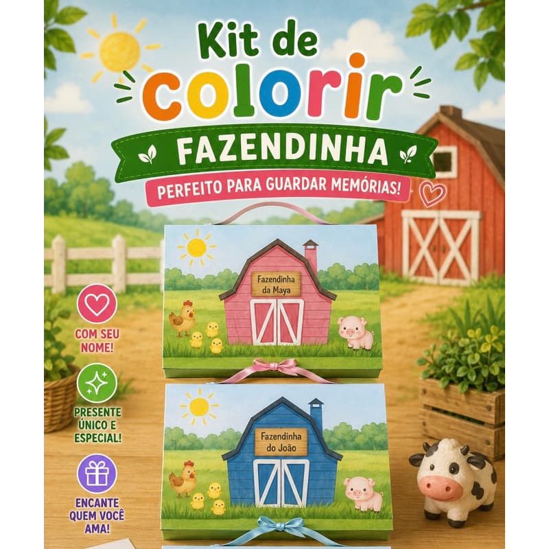 Kit de Colorir na Maletinha Fazendinha – Lembrancinha para Festa Infantil Azul - Rosa - Vermelho