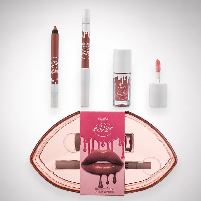 Kit Lux Miss Rôse Lip Gloss + Lápis Labial Estojo Boca - contorno labial- hidratação