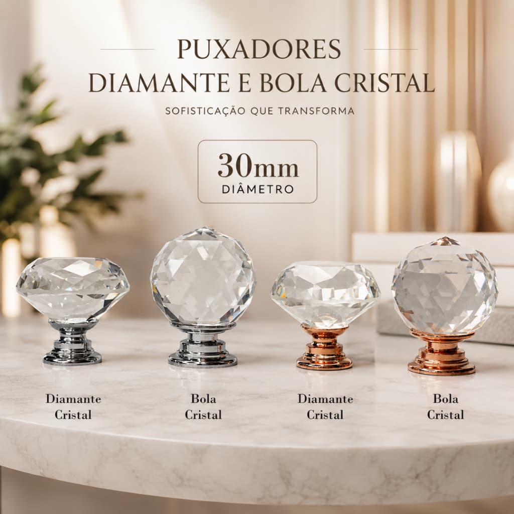 Puxador 30mm Diamante/Bola Cristal Rose Gold/Cromado Gavetas Móveis 01 Peça