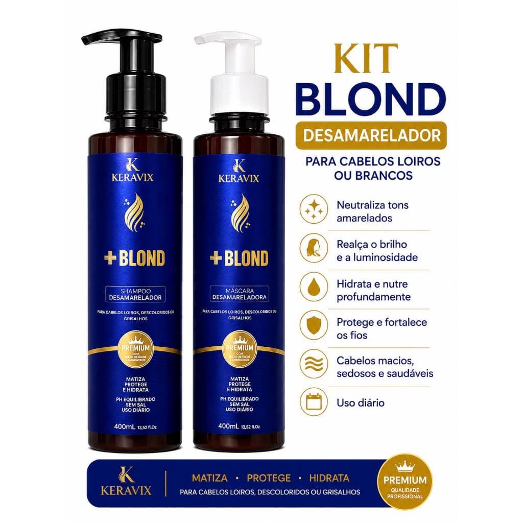Kit Shampoo e Condicionador Blond Cabelos Loiros, Grisalhos e Brancos | Efeito Matizador 400ML cada Keravix