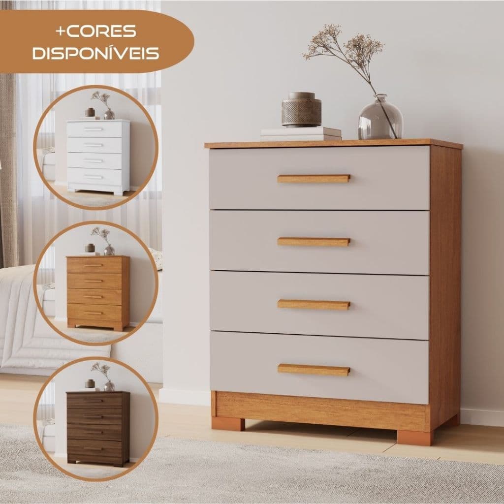 Cômoda Lidia 4 Gavetas Corrediça Telescópica Multiuso Quarto Organizador de Roupas