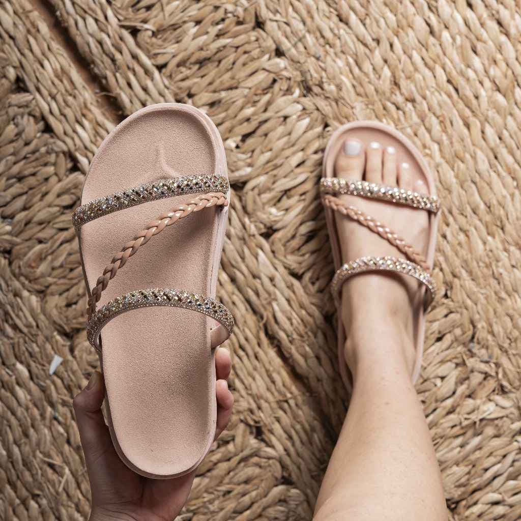 Sandália Feminina Papete Birken Tiras de Strass Brilho Brilhosa Glam Confortável