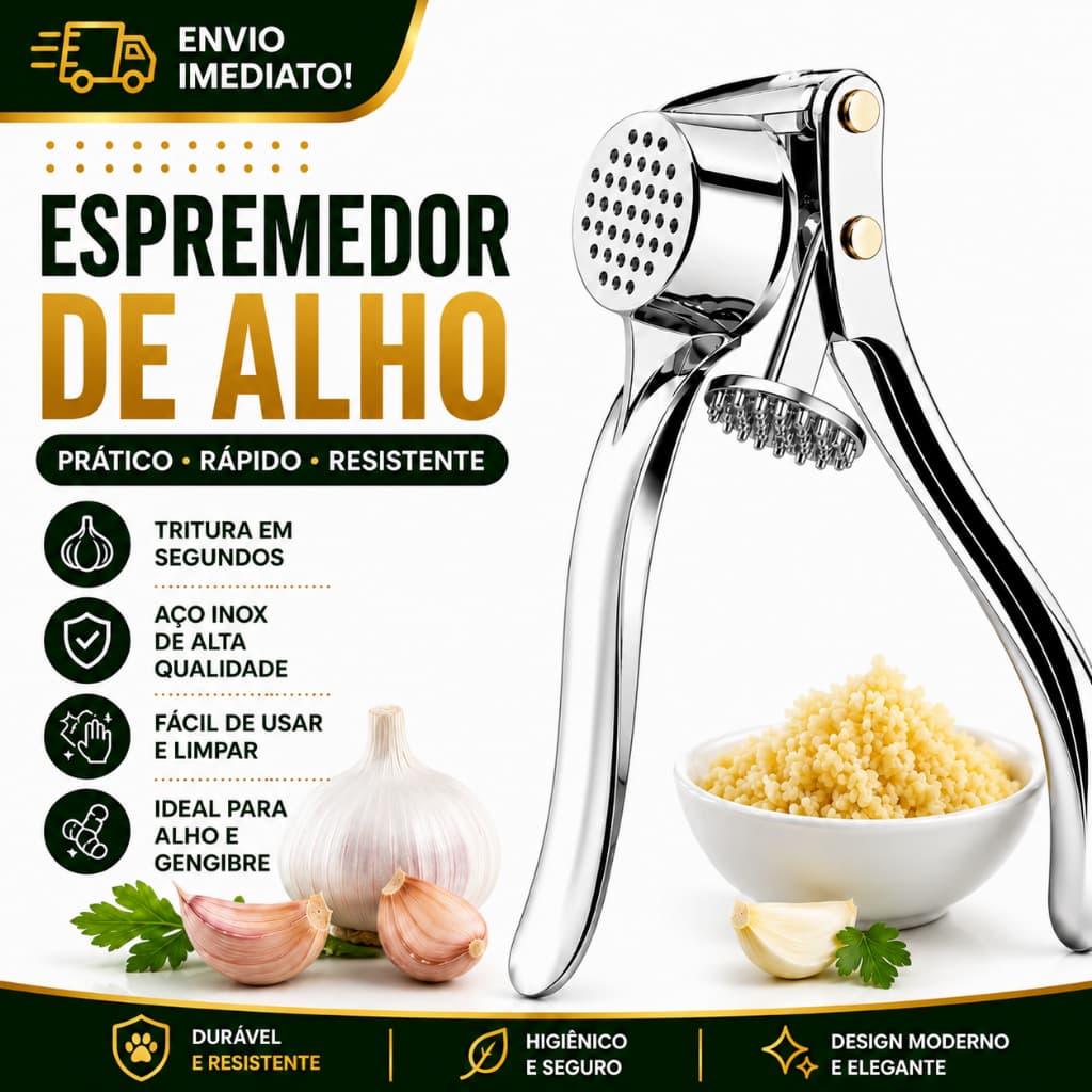 Espremedor de Alho Inox Profissional Triturador Manual Prensa Alho e Gengibre Resistente Fácil Limpeza