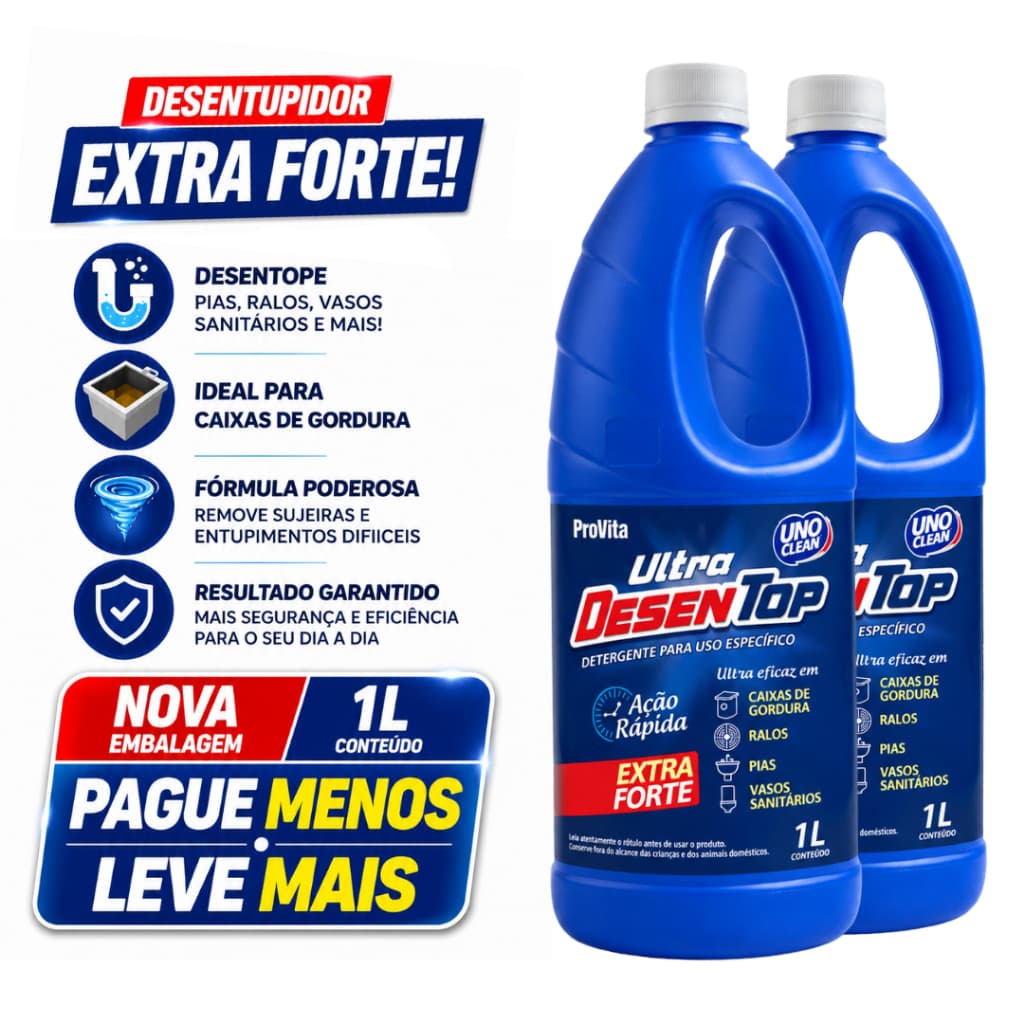 Kit 2 Desentupidor Líquido 1LITRO Ultra Desentop Cano Pia Fossa Vaso Sanitário Cozinha Caixa Gordura