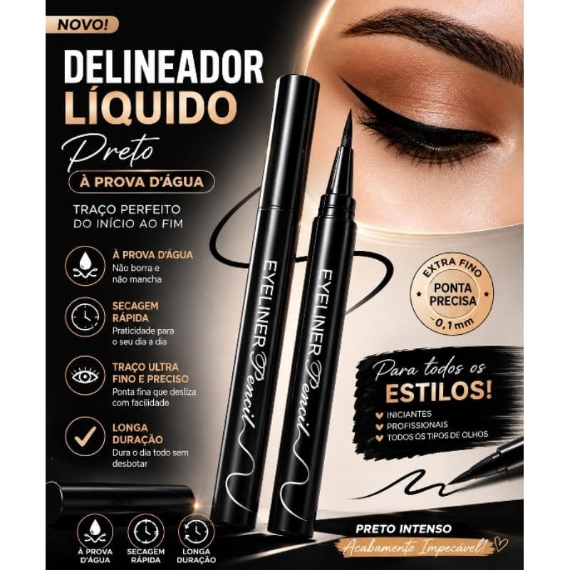 Delineador Líquido Preto à Prova D'água Extra Fino Maquiagem Secagem Rápida