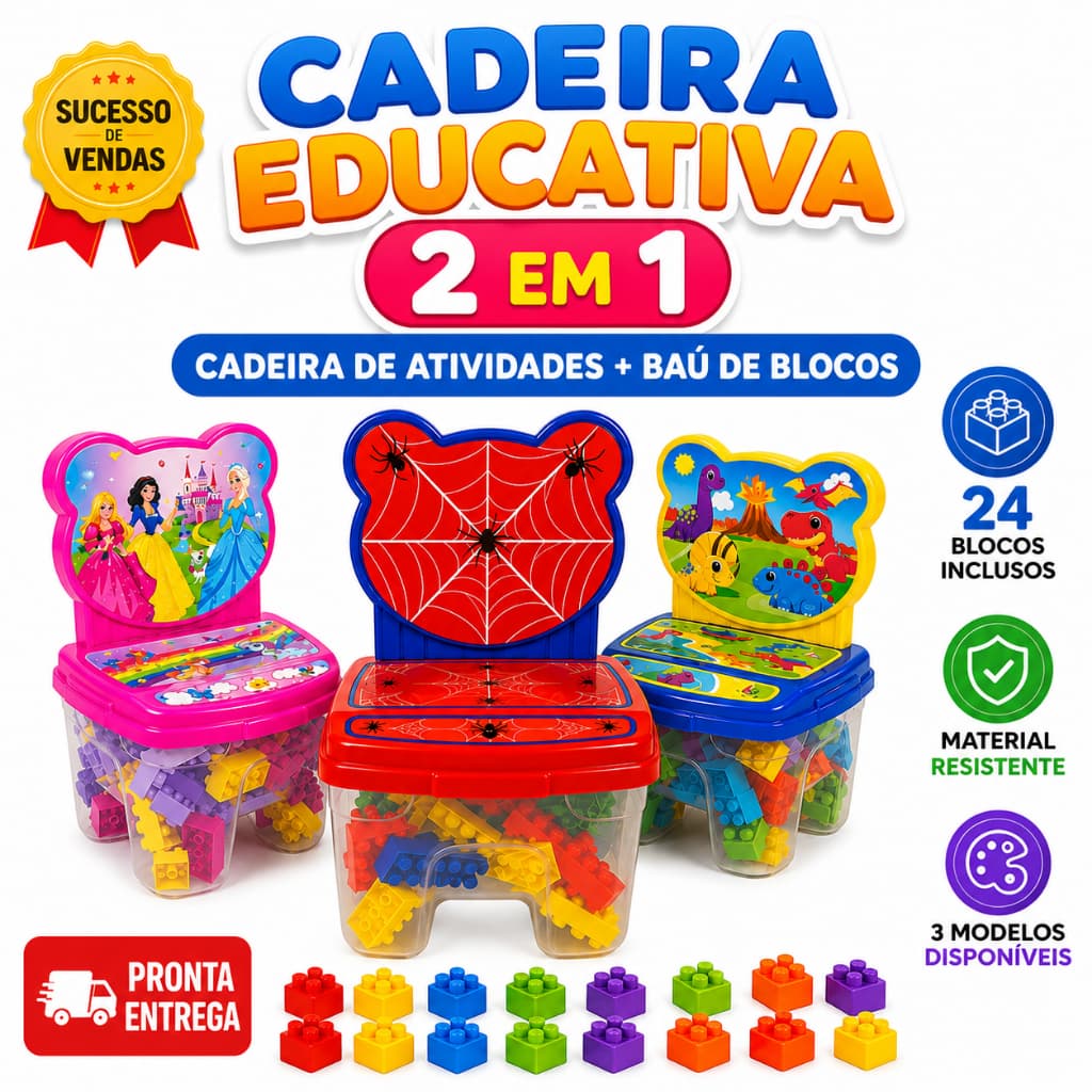 Cadeira Infantil 2 em 1 Blocos de Montar 24 Peças Baú Organizador Caixa de Brinquedos