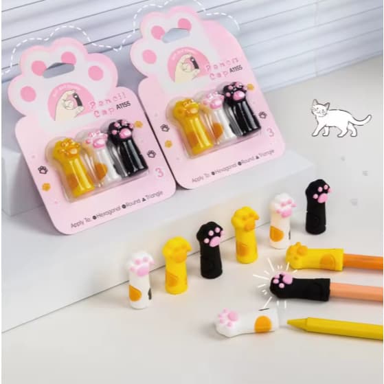 Kit 3 Protetores Patinha Kawaii Para Lápis Caneta Alicate Topper Silicone Fofo Pet Gatinho