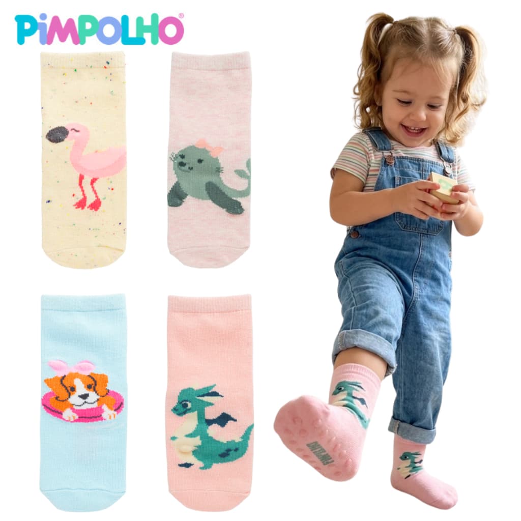 Kit Meia da Pimpolho Antiderrapante Para Bebe Tam.21-25 Kit com 4UN de Meias Menina Menino